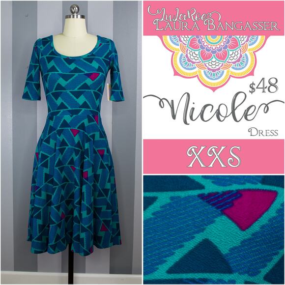 LuLaRoe Nicole Dress XXS Geometric Triangles Teal Blue Pink Mod Color Pop Skater - Picture 10 of 10